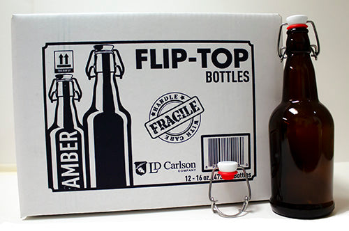 *PICKUP ONLY* 16 OZ AMBER FLIP-TOP BOTTLES WITH CAPS INCLUDED, 12/CASE